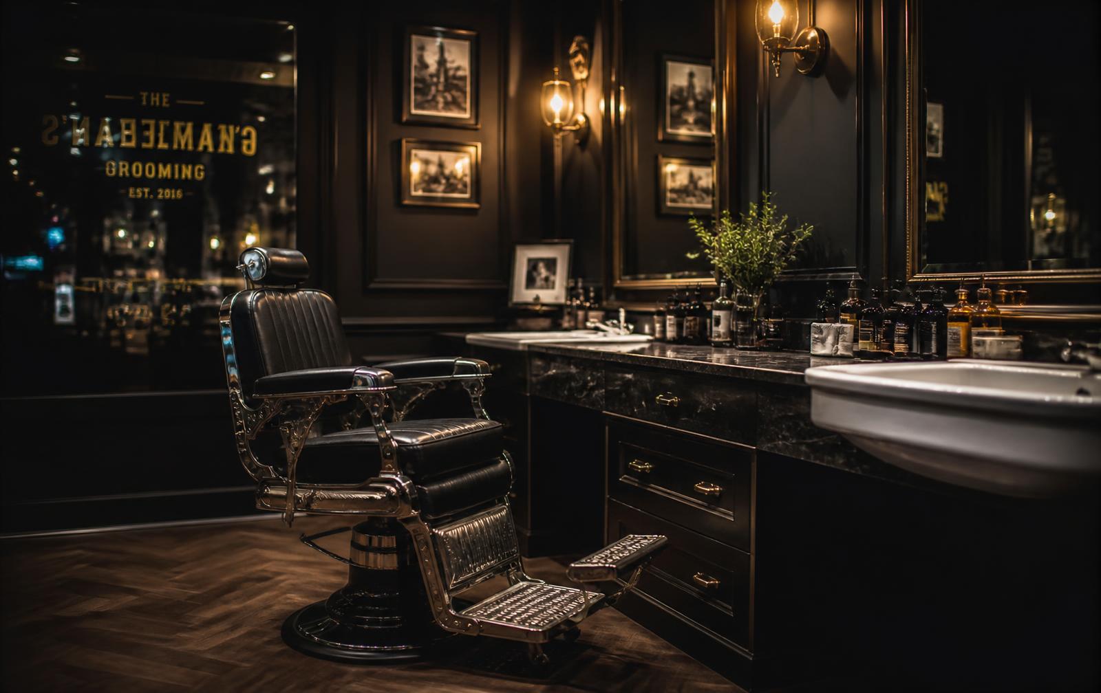 Interior elegante de una barbería con iluminación dorada